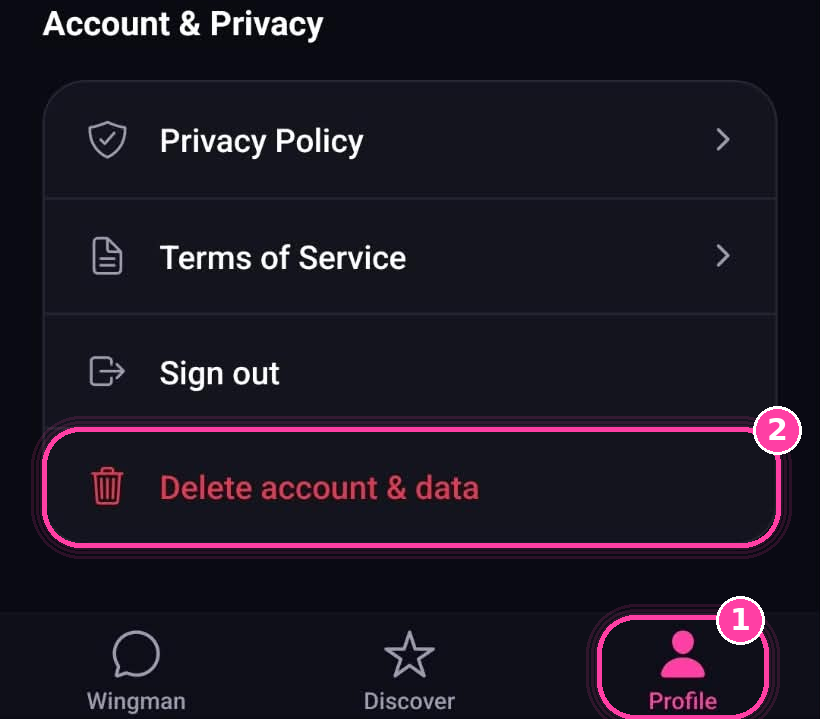 Wingman AI Profile screen with the Profile tab (1) and the red Delete account & data button (2) highlighted