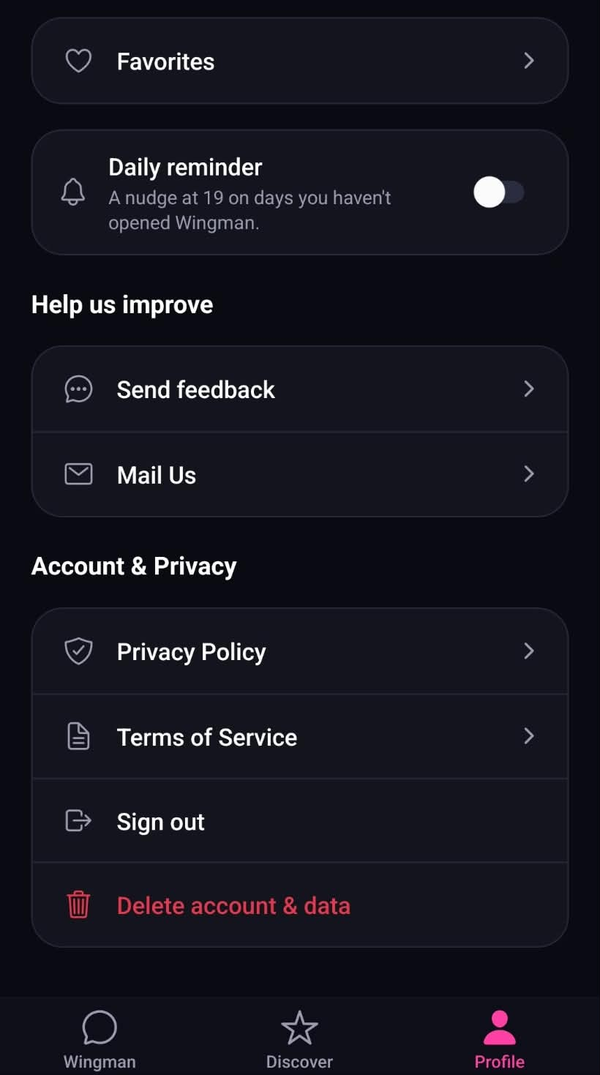 Profile and settings